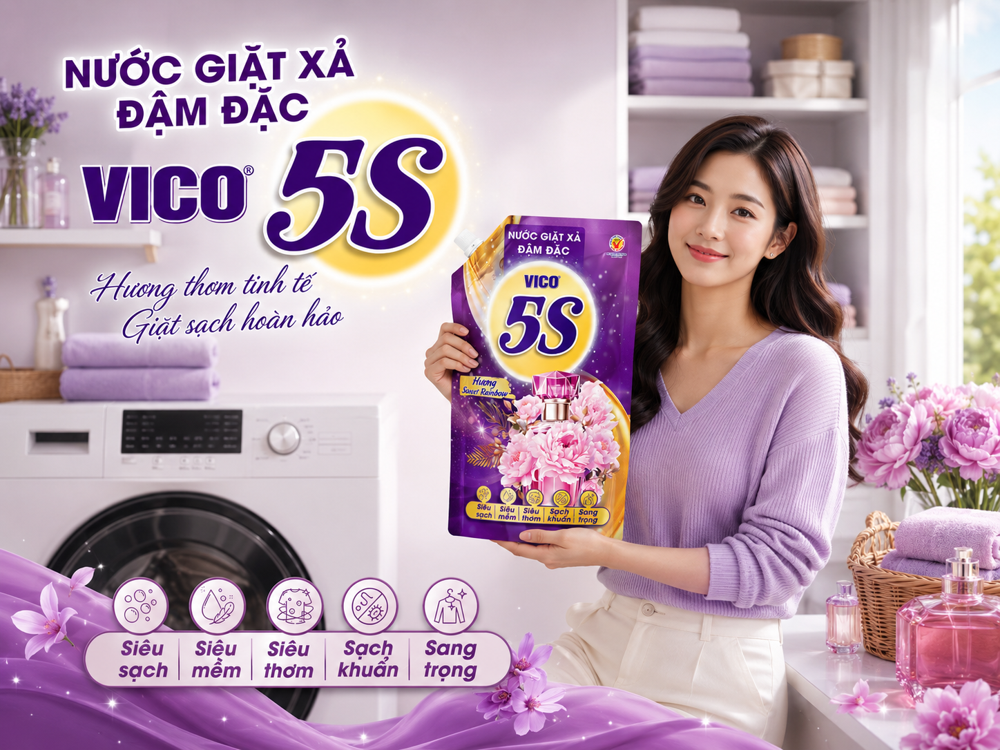 Nước giặt xả đậm đặc VICO 5S – Giặt sạch sâu, lưu hương tinh tế cho cả gia đình